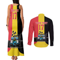 Custom Belgium Formula One Couples Matching Tank Maxi Dress and Long Sleeve Button Shirt Motorsport with Flag F1 World Championship