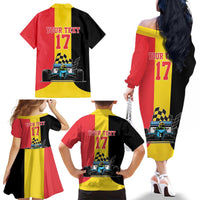 Custom Belgium Formula One Family Matching Off The Shoulder Long Sleeve Dress and Hawaiian Shirt Motorsport with Flag F1 World Championship
