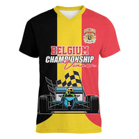 Custom Belgium Formula One Women V-Neck T-Shirt Motorsport with Flag F1 World Championship