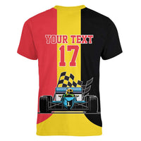 Custom Belgium Formula One Women V-Neck T-Shirt Motorsport with Flag F1 World Championship