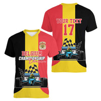 Custom Belgium Formula One Women V-Neck T-Shirt Motorsport with Flag F1 World Championship