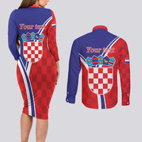 Personalized Croatia Coat of Arms Couples Matching Long Sleeve Bodycon Dress and Long Sleeve Button Shirt Checkerboard Style