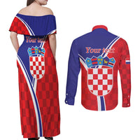 Personalized Croatia Coat of Arms Couples Matching Off Shoulder Maxi Dress and Long Sleeve Button Shirt Checkerboard Style