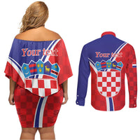Personalized Croatia Coat of Arms Couples Matching Off Shoulder Short Dress and Long Sleeve Button Shirt Checkerboard Style