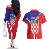 Personalized Croatia Coat of Arms Couples Matching Off The Shoulder Long Sleeve Dress and Hawaiian Shirt Checkerboard Style