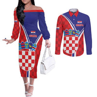 Personalized Croatia Coat of Arms Couples Matching Off The Shoulder Long Sleeve Dress and Long Sleeve Button Shirt Checkerboard Style