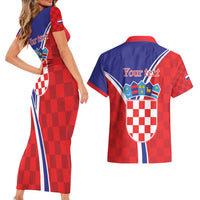 Personalized Croatia Coat of Arms Couples Matching Short Sleeve Bodycon Dress and Hawaiian Shirt Checkerboard Style
