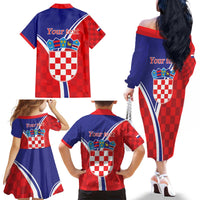 Personalized Croatia Coat of Arms Family Matching Off The Shoulder Long Sleeve Dress and Hawaiian Shirt Checkerboard Style