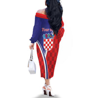 Personalized Croatia Coat of Arms Family Matching Off The Shoulder Long Sleeve Dress and Hawaiian Shirt Checkerboard Style