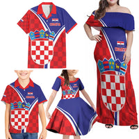 Personalized Croatia Coat of Arms Family Matching Off Shoulder Maxi Dress and Hawaiian Shirt Checkerboard Style