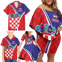 Personalized Croatia Coat of Arms Family Matching Off Shoulder Short Dress and Hawaiian Shirt Checkerboard Style