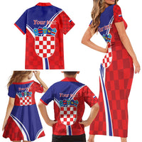 Personalized Croatia Coat of Arms Family Matching Short Sleeve Bodycon Dress and Hawaiian Shirt Checkerboard Style