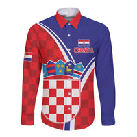 Personalized Croatia Coat of Arms Long Sleeve Button Shirt Checkerboard Style