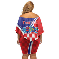 Personalized Croatia Coat of Arms Off Shoulder Short Dress Checkerboard Style
