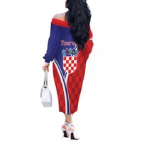 Personalized Croatia Coat of Arms Off The Shoulder Long Sleeve Dress Checkerboard Style