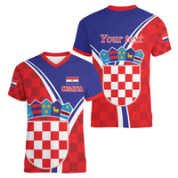 Personalized Croatia Coat of Arms Women V-Neck T-Shirt Checkerboard Style