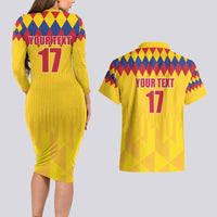 Custom Colombia Football Couples Matching Long Sleeve Bodycon Dress and Hawaiian Shirt Retro Yellow Style