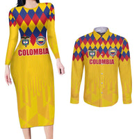 Custom Colombia Football Couples Matching Long Sleeve Bodycon Dress and Long Sleeve Button Shirt Retro Yellow Style
