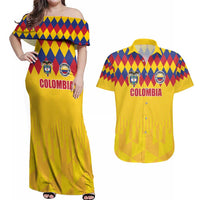 Custom Colombia Football Couples Matching Off Shoulder Maxi Dress and Hawaiian Shirt Retro Yellow Style