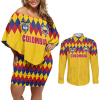 Custom Colombia Football Couples Matching Off Shoulder Short Dress and Long Sleeve Button Shirt Retro Yellow Style