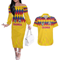 Custom Colombia Football Couples Matching Off The Shoulder Long Sleeve Dress and Hawaiian Shirt Retro Yellow Style
