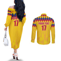 Custom Colombia Football Couples Matching Off The Shoulder Long Sleeve Dress and Long Sleeve Button Shirt Retro Yellow Style