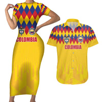 Custom Colombia Football Couples Matching Short Sleeve Bodycon Dress and Hawaiian Shirt Retro Yellow Style