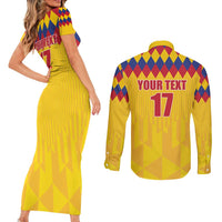 Custom Colombia Football Couples Matching Short Sleeve Bodycon Dress and Long Sleeve Button Shirt Retro Yellow Style