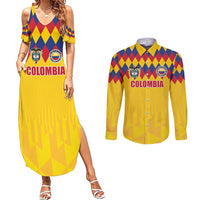 Custom Colombia Football Couples Matching Summer Maxi Dress and Long Sleeve Button Shirt Retro Yellow Style