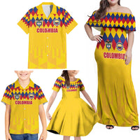 Custom Colombia Football Family Matching Off Shoulder Maxi Dress and Hawaiian Shirt Retro Yellow Style