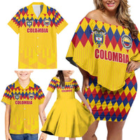 Custom Colombia Football Family Matching Off Shoulder Short Dress and Hawaiian Shirt Retro Yellow Style