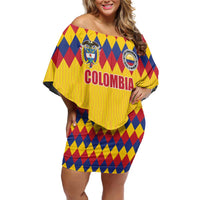 Custom Colombia Football Family Matching Off Shoulder Short Dress and Hawaiian Shirt Retro Yellow Style