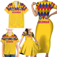 Custom Colombia Football Family Matching Short Sleeve Bodycon Dress and Hawaiian Shirt Retro Yellow Style