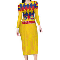 Custom Colombia Football Long Sleeve Bodycon Dress Retro Yellow Style