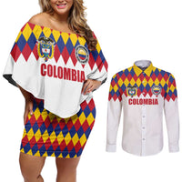 Custom Colombia Football Couples Matching Off Shoulder Short Dress and Long Sleeve Button Shirt Retro White Style