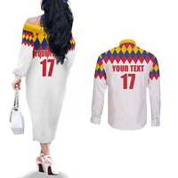 Custom Colombia Football Couples Matching Off The Shoulder Long Sleeve Dress and Long Sleeve Button Shirt Retro White Style