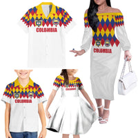 Custom Colombia Football Family Matching Off The Shoulder Long Sleeve Dress and Hawaiian Shirt Retro White Style