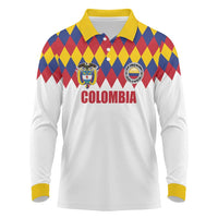 Custom Colombia Football Long Sleeve Polo Shirt Retro White Style