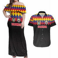 Custom Colombia Football Couples Matching Off Shoulder Maxi Dress and Hawaiian Shirt Retro Black Style