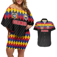 Custom Colombia Football Couples Matching Off Shoulder Short Dress and Hawaiian Shirt Retro Black Style
