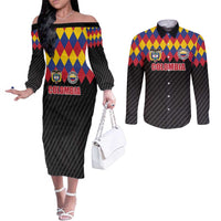 Custom Colombia Football Couples Matching Off The Shoulder Long Sleeve Dress and Long Sleeve Button Shirt Retro Black Style