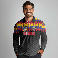 Custom Colombia Football Long Sleeve Polo Shirt Retro Black Style