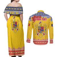 Personalized Vintage Romania Coat of Arms Couples Matching Off Shoulder Maxi Dress and Long Sleeve Button Shirt Golden Eagle with Romanian Peony