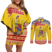 Personalized Vintage Romania Coat of Arms Couples Matching Off Shoulder Short Dress and Long Sleeve Button Shirt Golden Eagle with Romanian Peony