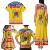 Personalized Vintage Romania Coat of Arms Family Matching Tank Maxi Dress and Hawaiian Shirt Golden Eagle with Romanian Peony