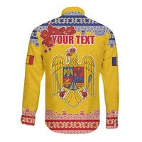 Personalized Vintage Romania Coat of Arms Long Sleeve Button Shirt Golden Eagle with Romanian Peony