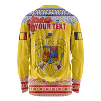 Personalized Vintage Romania Coat of Arms Long Sleeve Shirt Golden Eagle with Romanian Peony