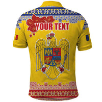 Personalized Vintage Romania Coat of Arms Polo Shirt Golden Eagle with Romanian Peony