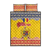 Personalized Vintage Romania Coat of Arms Quilt Bed Set Golden Eagle with Romanian Peony