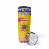 Personalized Vintage Romania Coat of Arms Skinny Tumbler Golden Eagle with Romanian Peony